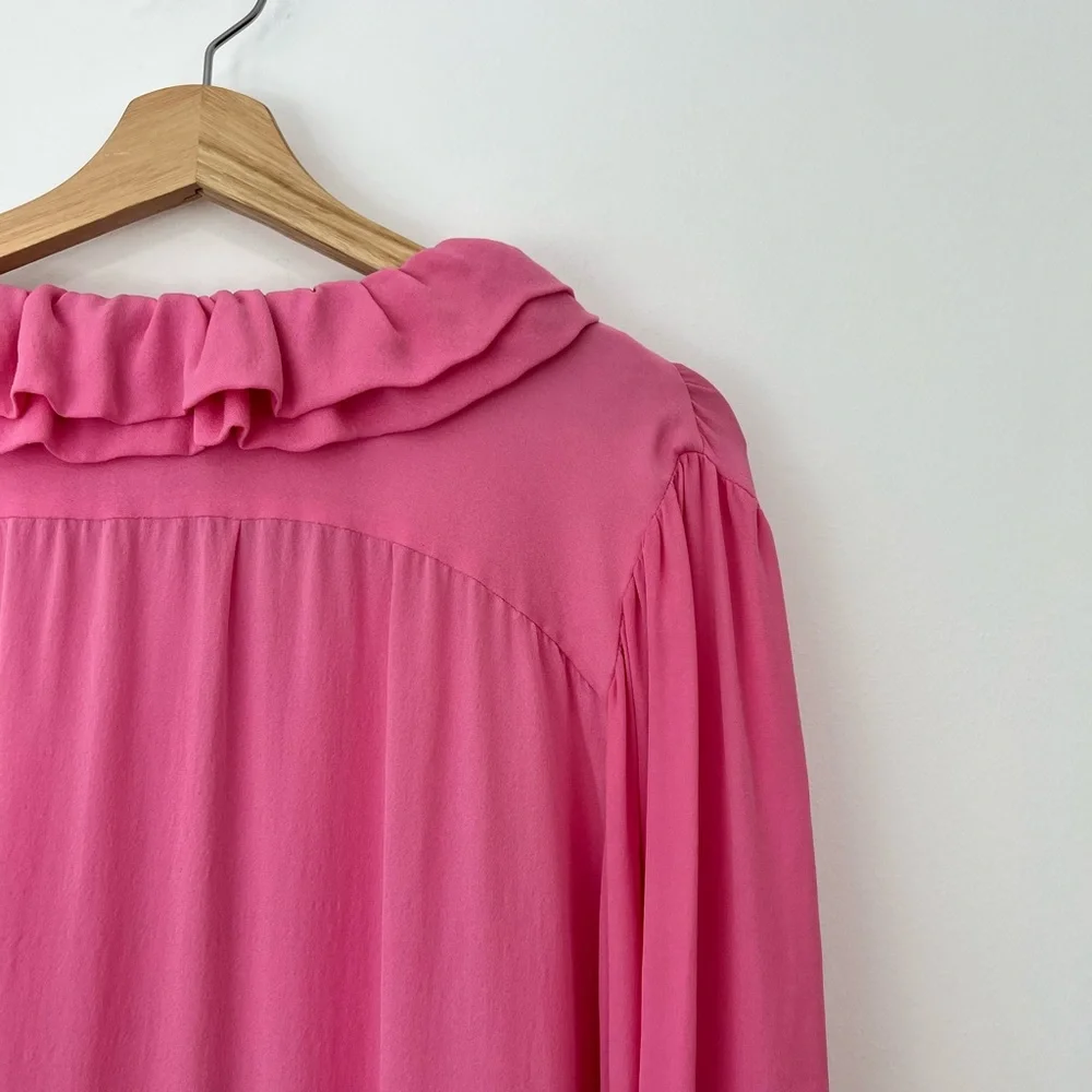 Etro Pink 100% Silk Ruffled Neckline Oversized Button Up Tie Blouse UK L - Picture 8 of 15